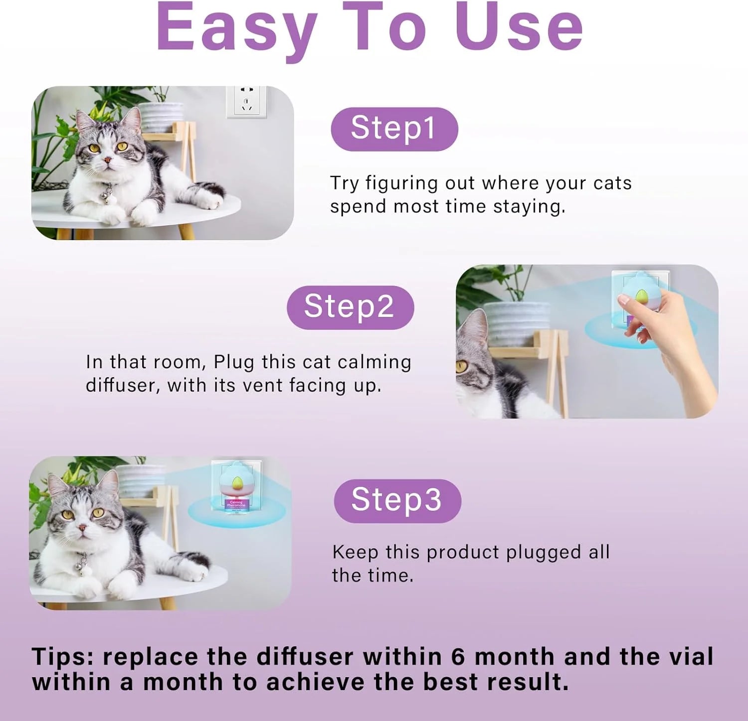 Cat Pheromones Calming Diffuser, Cat Calming Diffuser Starter Kit with Diffuser Head and 2Pcs 48Ml Vial, Efficient Relieve Anxiety Stress, 60 Days Use