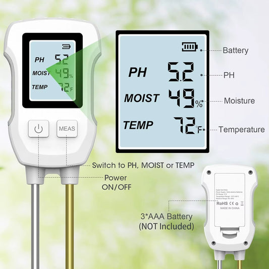 3 in 1 Digital LCD Soil Meter Ph/Moisture/Temperature Soil Tester with Backlight for House Plants Garden Lawn Farm