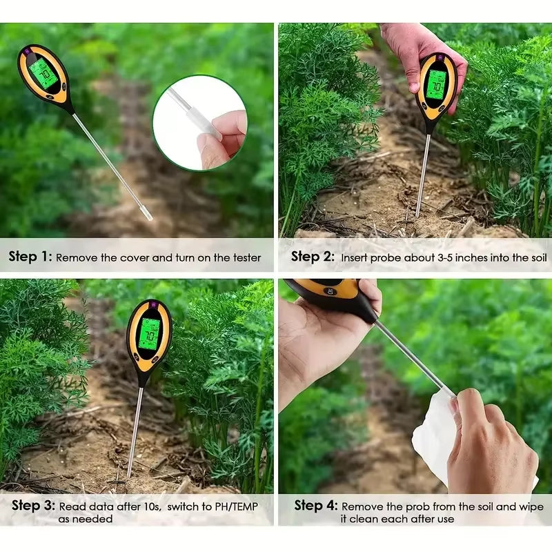 Soil PH Meter Tester Soil Tester PH Moisture Meter Temperature Sunlight Intensity Measurement Analysis Soil Acidity Test 4 in 1