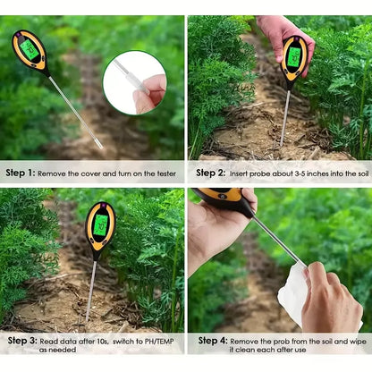 Soil PH Meter Tester Soil Tester PH Moisture Meter Temperature Sunlight Intensity Measurement Analysis Soil Acidity Test 4 in 1