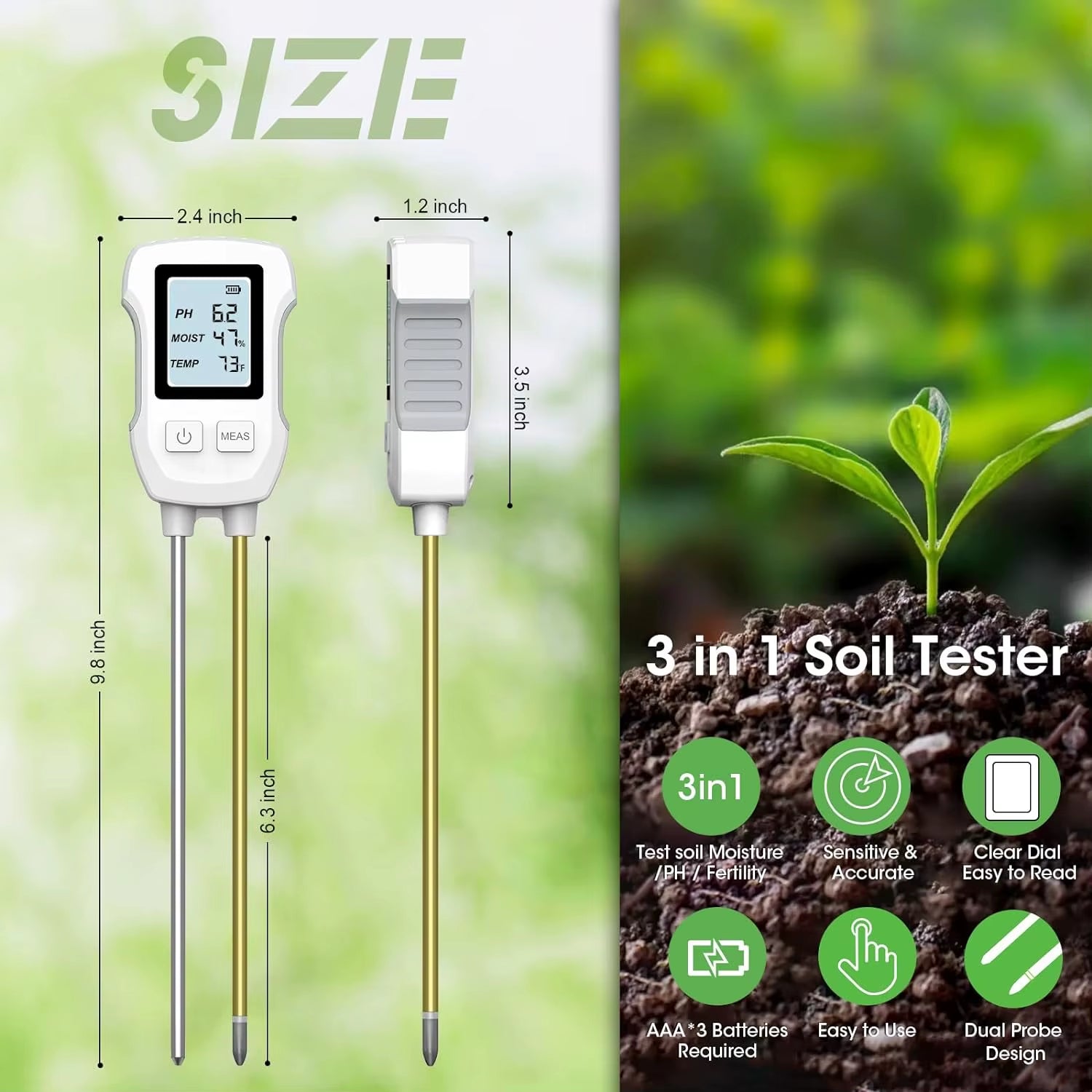 3 in 1 Digital LCD Soil Meter Ph/Moisture/Temperature Soil Tester with Backlight for House Plants Garden Lawn Farm