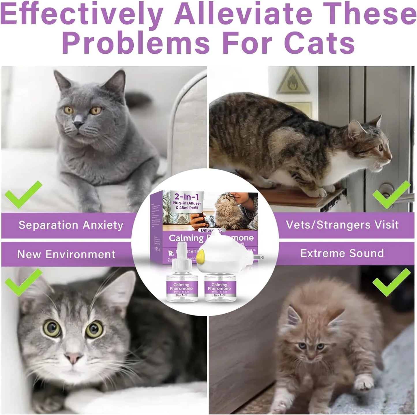 Cat Pheromones Calming Diffuser, Cat Calming Diffuser Starter Kit with Diffuser Head and 2Pcs 48Ml Vial, Efficient Relieve Anxiety Stress, 60 Days Use