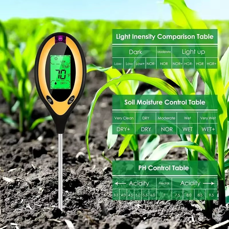 Soil PH Meter Tester Soil Tester PH Moisture Meter Temperature Sunlight Intensity Measurement Analysis Soil Acidity Test 4 in 1